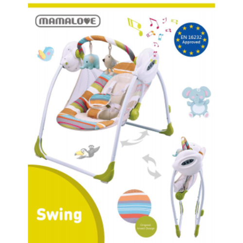 MAMALOVE SWING - -2 LYING POSITIONS
 -WORKS ON USB CHARGING MODE AND BATTERIES
 -REMOVABLE TOY BAR 
-WASHABLE SEAT PAD