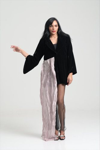 Black velvet jacket with long pink silk side panel with sequin stripes - Dry clean