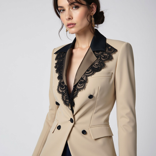 elegant beige blazer with a subtle touch of lace at the collar - A soft beige jacket crafted from a light, flowing fabric exudes a sophisticated yet simple feel. It features a subtle touch of lace at the collar, adding a soft, feminine touch to the design.