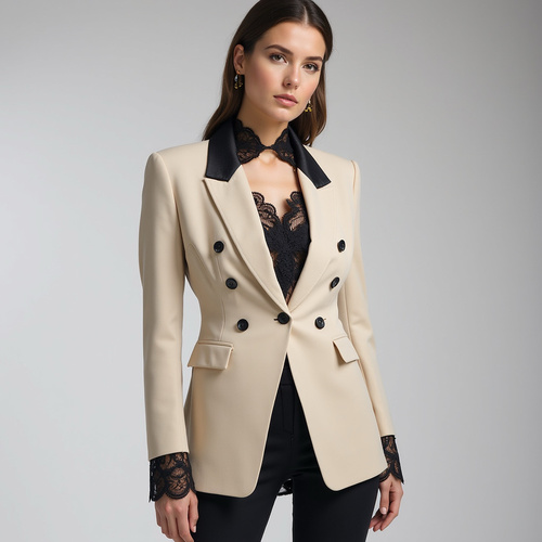 Formal jacket with elegant lace design - This suit exudes strength and confidence, making it an ideal choice for elegant women for formal occasions or sophisticated evenings. It combines simplicity and sophistication in a masterful mix of colors and materials.