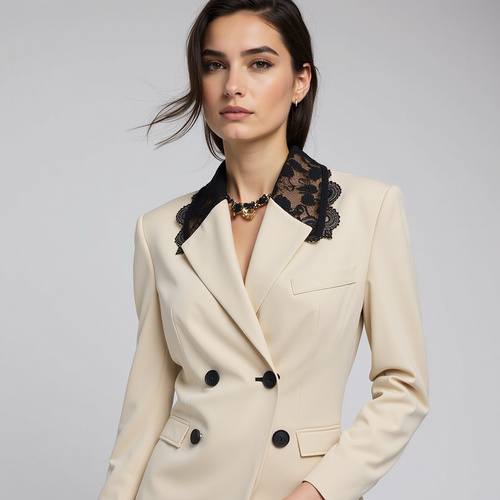 Beige formal jacket with black lace - A black lace-trimmed collar adds a luxurious feminine touch and highlights the contrast between the two colors.