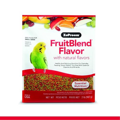 ZuPreem FruitBlend® Flavor with Natural Flavors Avian Diets Small Bird Food - 907 gm - ZuPreem FruitBlend® Flavor with Natural Flavors is a premium avian diet specifically formulated for small birds like Parakeets and Budgies. Each 907 gm package is enriched with fresh ground fruit and a comprehensive blend of 21 vitamins and minerals, ensuring your pet receives the nutrition they need while enjoying a delicious meal. Made in the USA and naturally preserved for freshness, this bird food is the perfect choice for everyday feeding or special occasions.