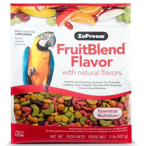 Zupreem  Fruitblend Flavor Large Parrot Food 2Lb - Zupreem 230314 FruitBlend Flavor Large Parrot Food is a 2lb bag of nutritious pellets designed specifically for large parrots like Macaws and Cockatoos. With a delightful fruit flavor and BPA-free ingredients, this food supports everyday feeding and caters to sensitive stomachs, ensuring your avian companions thrive.EVERYDAY ESSENTIAL - A daily staple for vibrant, happy birds. PERFECT PELLET SIZE - Designed for Macaws, Cockatoos, and more. MULTI COLORED APPEAL - A feast for the eyes and the palate. NOURISHING NUTRITION - Crafted for the health of your feathered friends. SENSITIVE STOMACH FRIENDLY - Gentle on delicate digestive systems.