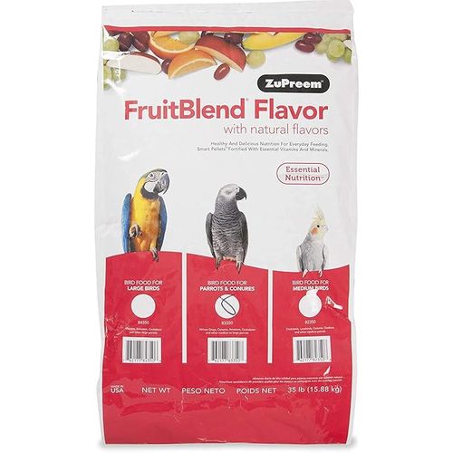 ZuPreem FruitBlend Flavor Pellets Bird Food for Parrots and Conures, 35 lb - Daily Blend Made in USA - About the itemHEALTHY and DELICIOUS FruitBlend Smart Pellets. Made with whole grains from North America’s Heartland Fruit colors, shapes, and Natural Flavors with the Essential Nutrients your bird needs every day for good health ESSENTIAL NUTRITION. Fortified with essential vitamins, minerals, and amino acids. Feed daily to provide the foundation of your bird’s diet Convert Your Bird to a Healthier Diet. Converting your bird to a food that includes pellets is worth the effort for his/her health and wellbeing