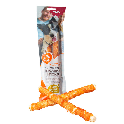 meat! Chicken & rawhide sticks large 25cm - ± 2st - tray - meat! Chicken & rawhide sticks large 25cm - ± 2st - tray Delicious chew made from cow and chicken skin Taking care of and strengthening teeth and gums and satisfying the chewing instinct Grain and Gluten Free: Great for dogs with allergies or intolerance No added sugar Very tasty due to its high meat content Delicious chew sticks made from twisted cowhide and chicken Doofus meat! Meat snacks make dogs and their owners happy. These delicious chew sticks made from dried, twisted cowhide and topped with chicken strips are perfect as a treat and an ideal activity for dogs. Daily chewing strengthens teeth and can contribute to the reduction of tartar and plaque. Additionally, this grain-free, gluten-free, high-meat snack is great for dogs with allergies or intolerances. Snacks serve as a complement and variety to your dog's daily menu.