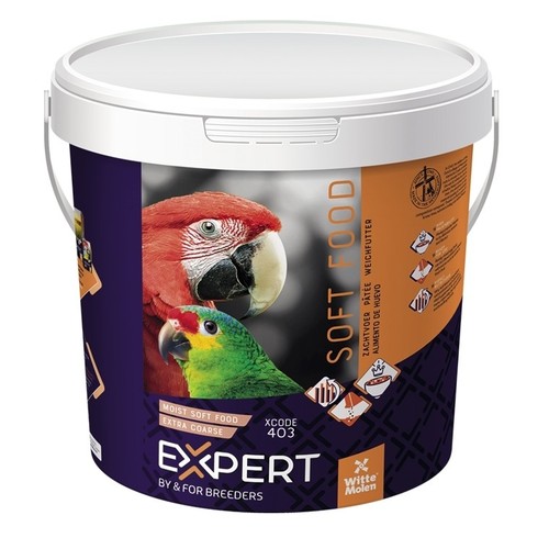 EXPERT SOFT FOOD Extra COARSE  5kg - This softfood is developed for parrots and parakeets and has a very coarse structure. It also contains tasty pieces of fruits and nuts. Without artificial colourants. This softfood can be provided directly, but also easily mixes with seed mixtures, other sorts of eggfood and softfood or with for instance soakseed.