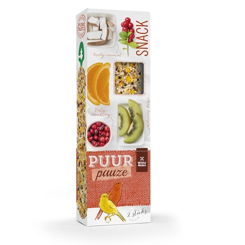 PUUR Pauze Sticks Canaries Cranberry & Kiwi 2sticks 60g - Nutritional Information
Ingredients:
Grains, seeds, fruits (3.2% cranberries, 3% oranges, 2.5% kiwi, 2.5% coconut)
Feeding Guidelines
For maximum health benefits, feed Wet Mollen Poor Pooze Gromé Seed Sticks a maximum of 20% of your lovebird's daily menu.