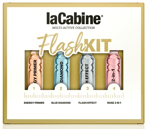 laCabine FLASH KIT 4X2ML - مجموعة حصرية من 4 أمبولات مصممة خصيصًا لبشرة مثالية في أكثر
  المناسبات خصوصية. روتين من 4 خطوات يوفر جميع الفوائد اللازمة لتحقيق مظهر مريح
  ومشرق.

    يجهز البشرة ويضيءها ويشدها ويضيف لمسة من اللون، ويعزز الجمال الطبيعي مع
  تأثير فوري جيد للوجه.

    

    4 أمبولات 2 مل. | جميع أنواع البشرة |