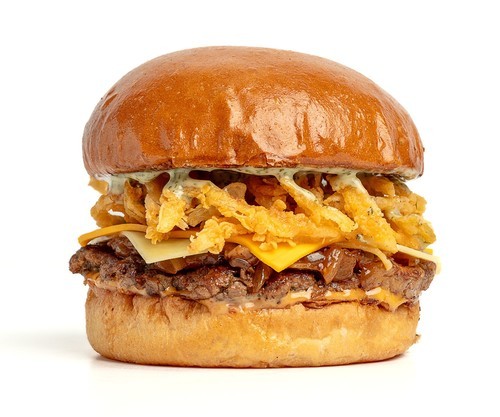 A&A Burger - Black Angus beef slice, white and yellow cheddar cheese, grilled onion, special sauces, fresh fried onion and served on toasted bread.