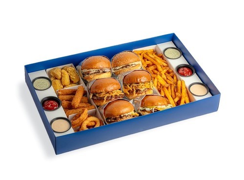 Gathering Box - 6 Burgers of your choice, 1 large size Fries of your choice and 3 Appetizers (Onion Rings, Mozzarella Sticks and Jalapeno Bites) served with a variety of Sauces.