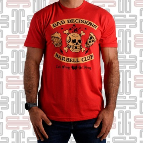 Bad Decisions Barbell Club T-shirt - This cotton-poly blend crewneck tee from Dustbone makes zero compromises: “Live Wrong. Get Strong.” Featuring an original artist’s print design, the Bad Decision Barbell Club shirt is the ultimate parody gym tee, available here in red. The 50% Polyester / 50% Cotton blend material offers a light, soft feel with ample flexibility and breathability for the weight room or a night out. Material Type: 50% Cotton / 50% Polyester Care Instructions: Wash Cold, Dry Low