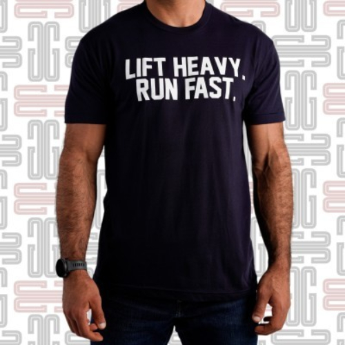 Linchpin Lift Heavy. Run Fast. T-shirt - This quality American-made crewneck tee features the straight-forward slogan of CrossFit Linchpin across the chest: “Lift Heavy. Run Fast.” Available here in Navy Blue, the Linchpin T-Shirt is constructed from a soft, lightweight cotton-poly blend material with a slim/athletic cut and durable rib neckband. The shirt offers great breathability and freedom of movement in the gym, plus ample comfort for any-day casual wear.   Material Type: 50% Cotton / 50% Polyester Care Instructions: Wash Cold, Dry Low