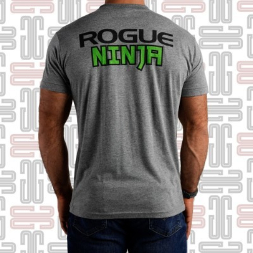 Rogue Ninja T-shirt - The Rogue Ninja Shirt is a gray, tri-blend tee featuring a cartoon ninja version of the Rogue “R” logo on the front in black and green. Each crewneck t-shirt is made in the USA and designed for comfort, flexibility, and lightweight breathability. Material Type: 50% Polyester / 25% Cotton / 25% RayonCare Instructions: Wash Cold, Dry Low