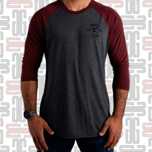 Maroon Grey Barbell Club 3/4 T-Shirt - The 3/4 sleeve Rogue Barbell Club shirt is a flexible, breathable take on the classic two-color crewneck baseball tee, available in gray with a maroon collar and sleeves. The Rogue Barbell Club logo is printed on the front of the shirt on the lefthand side. Material Type: 50% Cotton / 50% Polyester Care Instructions: Wash Cold, Dry Low