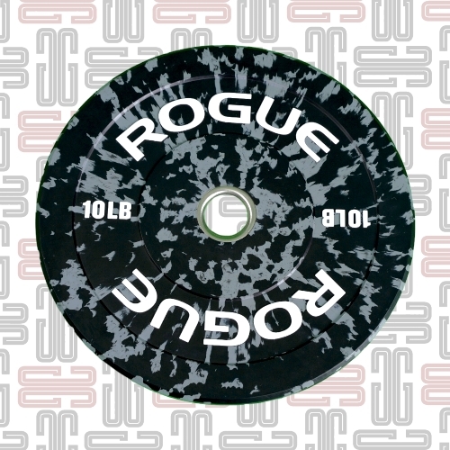 10LB Rogue Fleck Plates - Rogue Fleck Plates Rogue’s 90-durometer LB Fleck Plates are equipped with a 304 stainless steel hub insert (50.4mm diameter) and held to a strict +/- 1% weight tolerance standard. Built for long-term durability and minimal bounce on the drop, these quality bumpers also include a new black + color fleck finish—- a nice change-up from traditional full-color plates that still offers easy plate weight identification from a distance. Plate Breakdown: Weight, Color & Width 10LB - Black & Grey, 0.85”