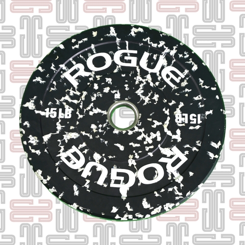 15LB Rogue Fleck Plates - Rogue Fleck Plates Rogue’s 90-durometer LB Fleck Plates are equipped with a 304 stainless steel hub insert (50.4mm diameter) and held to a strict +/- 1% weight tolerance standard. Built for long-term durability and minimal bounce on the drop, these quality bumpers also include a new black + color fleck finish—- a nice change-up from traditional full-color plates that still offers easy plate weight identification from a distance. Plate Breakdown: Weight, Color & Width 15LB - Black & White, 1.2”