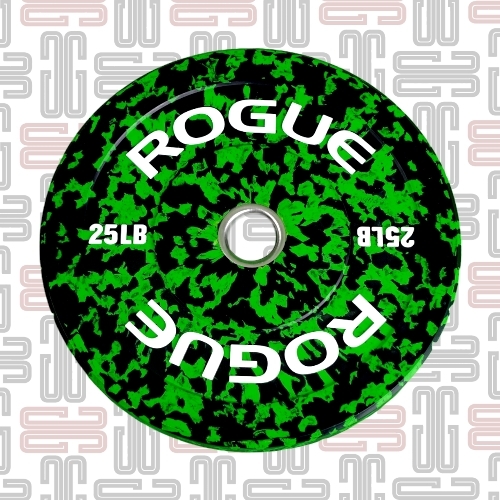 25LB Rogue Fleck Plates - Rogue Fleck Plates Rogue’s 90-durometer LB Fleck Plates are equipped with a 304 stainless steel hub insert (50.4mm diameter) and held to a strict +/- 1% weight tolerance standard. Built for long-term durability and minimal bounce on the drop, these quality bumpers also include a new black + color fleck finish—- a nice change-up from traditional full-color plates that still offers easy plate weight identification from a distance. Plate Breakdown: Weight, Color & Width 25LB - Black & Green, 1.6”