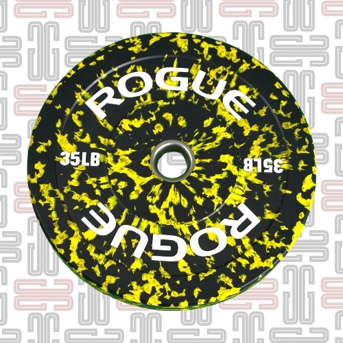 35LB Rogue Fleck Plates - Rogue Fleck Plates Rogue’s 90-durometer LB Fleck Plates are equipped with a 304 stainless steel hub insert (50.4mm diameter) and held to a strict +/- 1% weight tolerance standard. Built for long-term durability and minimal bounce on the drop, these quality bumpers also include a new black + color fleck finish—- a nice change-up from traditional full-color plates that still offers easy plate weight identification from a distance. Plate Breakdown: Weight, Color & Width 35LB - Black & Yellow, 2.08”