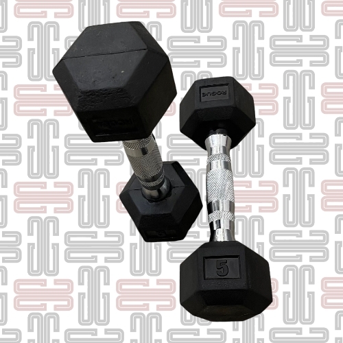 5LB Rogue Hex Dumbbells - Rogue Rubber Hex dumbbells (Pairs)This standard rubber hex design is a great, budget-priced option that still delivers on quality, performance, and longevity. The heavy-duty, rubber-encased heads minimize noise and limit wear and tear (to both the bells and your flooring), while the chrome-plated handle is ergonomically designed for a firm but comfortable feel in any grip style.All smaller Rogue Dumbbells up to 10LB feature a 25MM diameter handle, while those 12.5LB and up have a larger 35MM diameter handle.Dumbbell training has stood the test of time for good reason. Along with the versatility in weight choices for multiple athletes, a good set of bells can be used to duplicate nearly all types of barbell exercises, while also offering a wider range of single-arm, rehab-specific, and explosive movements in virtually any sized space—something not possible with bars or most weight room machines.