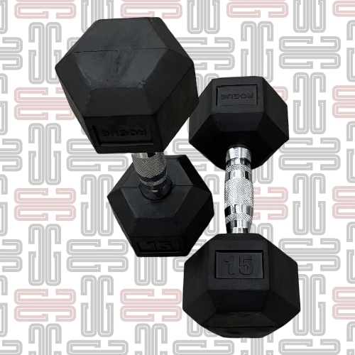 15LB Rogue Hex Dumbbells - Rogue Rubber Hex dumbbells (Pairs)This standard rubber hex design is a great, budget-priced option that still delivers on quality, performance, and longevity. The heavy-duty, rubber-encased heads minimize noise and limit wear and tear (to both the bells and your flooring), while the chrome-plated handle is ergonomically designed for a firm but comfortable feel in any grip style.All smaller Rogue Dumbbells up to 10LB feature a 25MM diameter handle, while those 12.5LB and up have a larger 35MM diameter handle.Dumbbell training has stood the test of time for good reason. Along with the versatility in weight choices for multiple athletes, a good set of bells can be used to duplicate nearly all types of barbell exercises, while also offering a wider range of single-arm, rehab-specific, and explosive movements in virtually any sized space—something not possible with bars or most weight room machines.