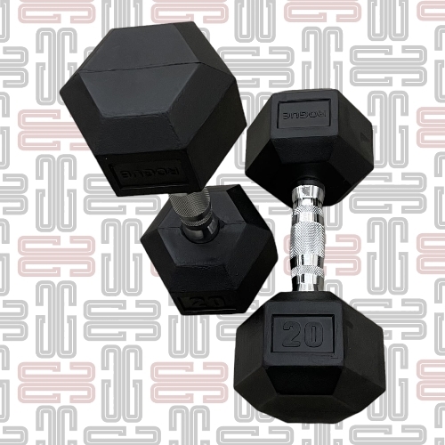 20LB Rogue Hex Dumbbells - Rogue Rubber Hex dumbbells (Pairs)This standard rubber hex design is a great, budget-priced option that still delivers on quality, performance, and longevity. The heavy-duty, rubber-encased heads minimize noise and limit wear and tear (to both the bells and your flooring), while the chrome-plated handle is ergonomically designed for a firm but comfortable feel in any grip style.All smaller Rogue Dumbbells up to 10LB feature a 25MM diameter handle, while those 12.5LB and up have a larger 35MM diameter handle.Dumbbell training has stood the test of time for good reason. Along with the versatility in weight choices for multiple athletes, a good set of bells can be used to duplicate nearly all types of barbell exercises, while also offering a wider range of single-arm, rehab-specific, and explosive movements in virtually any sized space—something not possible with bars or most weight room machines.