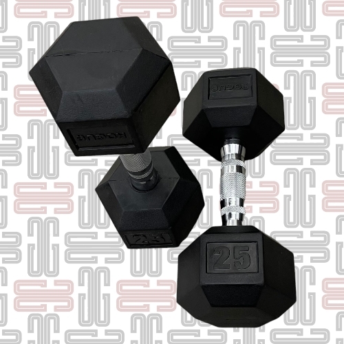 25LB Rogue Hex Dumbbells - Rogue Rubber Hex dumbbells (Pairs)This standard rubber hex design is a great, budget-priced option that still delivers on quality, performance, and longevity. The heavy-duty, rubber-encased heads minimize noise and limit wear and tear (to both the bells and your flooring), while the chrome-plated handle is ergonomically designed for a firm but comfortable feel in any grip style.All smaller Rogue Dumbbells up to 10LB feature a 25MM diameter handle, while those 12.5LB and up have a larger 35MM diameter handle.Dumbbell training has stood the test of time for good reason. Along with the versatility in weight choices for multiple athletes, a good set of bells can be used to duplicate nearly all types of barbell exercises, while also offering a wider range of single-arm, rehab-specific, and explosive movements in virtually any sized space—something not possible with bars or most weight room machines.