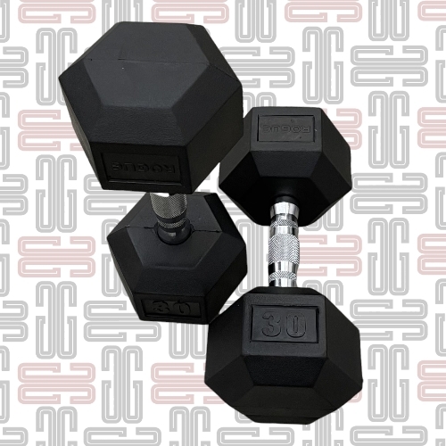 30LB Rogue Hex Dumbbells - Rogue Rubber Hex dumbbells (Pairs)This standard rubber hex design is a great, budget-priced option that still delivers on quality, performance, and longevity. The heavy-duty, rubber-encased heads minimize noise and limit wear and tear (to both the bells and your flooring), while the chrome-plated handle is ergonomically designed for a firm but comfortable feel in any grip style.All smaller Rogue Dumbbells up to 10LB feature a 25MM diameter handle, while those 12.5LB and up have a larger 35MM diameter handle.Dumbbell training has stood the test of time for good reason. Along with the versatility in weight choices for multiple athletes, a good set of bells can be used to duplicate nearly all types of barbell exercises, while also offering a wider range of single-arm, rehab-specific, and explosive movements in virtually any sized space—something not possible with bars or most weight room machines.