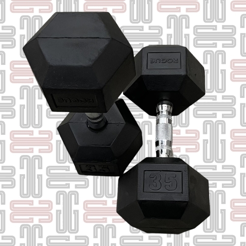 35LB Rogue Hex Dumbbells - Rogue Rubber Hex dumbbells (Pairs)This standard rubber hex design is a great, budget-priced option that still delivers on quality, performance, and longevity. The heavy-duty, rubber-encased heads minimize noise and limit wear and tear (to both the bells and your flooring), while the chrome-plated handle is ergonomically designed for a firm but comfortable feel in any grip style.All smaller Rogue Dumbbells up to 10LB feature a 25MM diameter handle, while those 12.5LB and up have a larger 35MM diameter handle.Dumbbell training has stood the test of time for good reason. Along with the versatility in weight choices for multiple athletes, a good set of bells can be used to duplicate nearly all types of barbell exercises, while also offering a wider range of single-arm, rehab-specific, and explosive movements in virtually any sized space—something not possible with bars or most weight room machines.