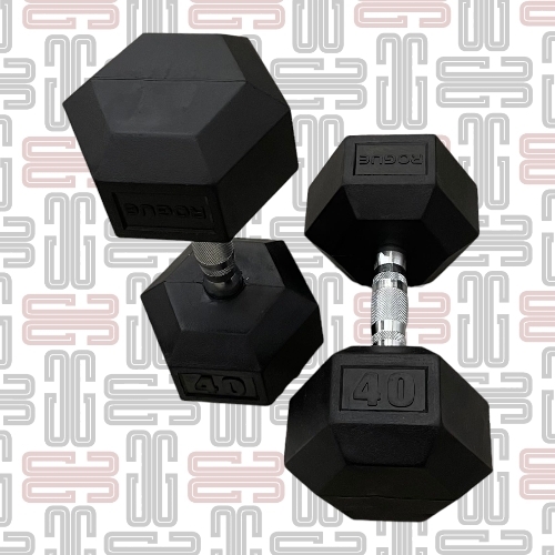 40LB Rogue Hex Dumbbells - Rogue Rubber Hex dumbbells (Pairs)This standard rubber hex design is a great, budget-priced option that still delivers on quality, performance, and longevity. The heavy-duty, rubber-encased heads minimize noise and limit wear and tear (to both the bells and your flooring), while the chrome-plated handle is ergonomically designed for a firm but comfortable feel in any grip style.All smaller Rogue Dumbbells up to 10LB feature a 25MM diameter handle, while those 12.5LB and up have a larger 35MM diameter handle.Dumbbell training has stood the test of time for good reason. Along with the versatility in weight choices for multiple athletes, a good set of bells can be used to duplicate nearly all types of barbell exercises, while also offering a wider range of single-arm, rehab-specific, and explosive movements in virtually any sized space—something not possible with bars or most weight room machines.