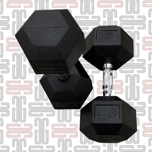 45LB Rogue Hex Dumbbells - Rogue Rubber Hex dumbbells (Pairs)This standard rubber hex design is a great, budget-priced option that still delivers on quality, performance, and longevity. The heavy-duty, rubber-encased heads minimize noise and limit wear and tear (to both the bells and your flooring), while the chrome-plated handle is ergonomically designed for a firm but comfortable feel in any grip style.All smaller Rogue Dumbbells up to 10LB feature a 25MM diameter handle, while those 12.5LB and up have a larger 35MM diameter handle.Dumbbell training has stood the test of time for good reason. Along with the versatility in weight choices for multiple athletes, a good set of bells can be used to duplicate nearly all types of barbell exercises, while also offering a wider range of single-arm, rehab-specific, and explosive movements in virtually any sized space—something not possible with bars or most weight room machines.