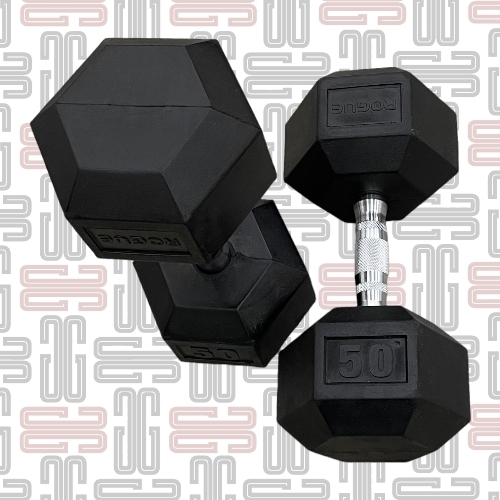 50LB Rogue Hex Dumbbells - Rogue Rubber Hex dumbbells (Pairs)This standard rubber hex design is a great, budget-priced option that still delivers on quality, performance, and longevity. The heavy-duty, rubber-encased heads minimize noise and limit wear and tear (to both the bells and your flooring), while the chrome-plated handle is ergonomically designed for a firm but comfortable feel in any grip style.All smaller Rogue Dumbbells up to 10LB feature a 25MM diameter handle, while those 12.5LB and up have a larger 35MM diameter handle.Dumbbell training has stood the test of time for good reason. Along with the versatility in weight choices for multiple athletes, a good set of bells can be used to duplicate nearly all types of barbell exercises, while also offering a wider range of single-arm, rehab-specific, and explosive movements in virtually any sized space—something not possible with bars or most weight room machines.