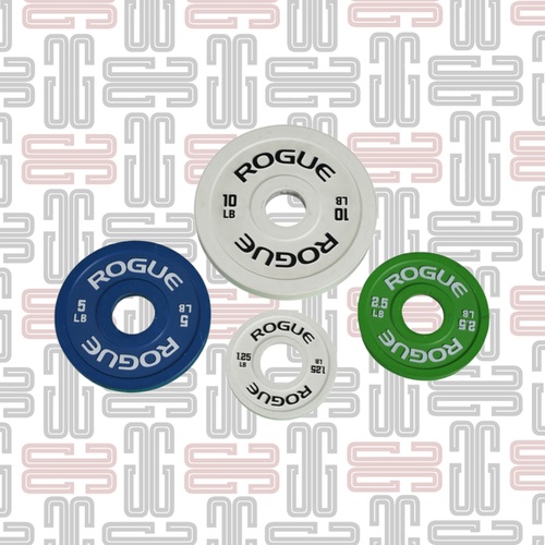 Rogue Change Plates - Rogue LB Change Plates are sold in pairs and full sets, and include 1.25LB, 2.5LB, 5LB, and 10LB weight increments. Each plate features a 50.40MM collar opening and an exterior rubber coating for a firm, steady hold on any standard Olympic barbell. A color coding (Green/Blue/White) and quality matte finish give the plates a bold look, with easy recognition from a distance. Weight & Size Increments:1.25LB (White): 133.3MM diameter / 10MM width 2.5LB (Green): 162MM / 15MM 5.0LB (Blue): 190MM / 19MM 10.0LB (White): 230MM / 26MM