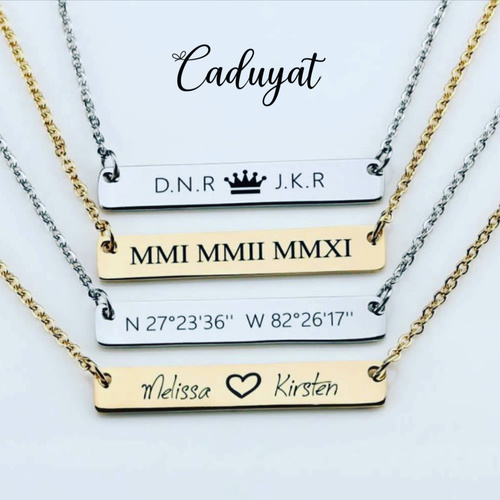 Caduyat  - Necklace Name  - Laser Engraving - Steel Necklace Gold plated with engraving 
 Lifetime guarantee on color and engrave
 Please choose the line type based on table No. as shown in the picture and put the engraving details in the Notes