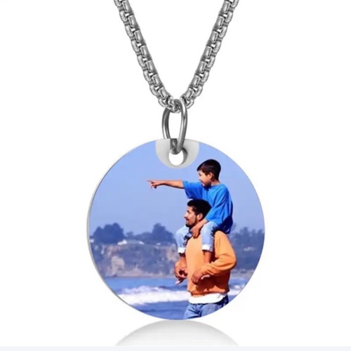 Caduyat  - Circle Pendant Photo - Steel gold plated chain with photo covered by resin and laser engraving Lifetime guarantee on color and laser engrave Please put the printing details in the Notes or send picture on whats-app with order number