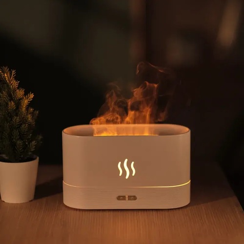 FLAME HUMIDIFIER - STYLISH AND QUIET FLAME HUMIDIFIRE WITH RGB COLORS - Flame simulator with nano spray technology. - RGB changeable colors. - Time selecting feature. - Type-C powered. - 200 ML water tank.