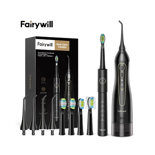 Fairywill Oral Care Combo (Electric Toothbrush + Water Flosser) - Dental care kit 2 in 1 from Fairywill ( electric brush + water flosser ) - High quality, waterproof and slip resistant. - Compact, portable and ideal for travel. Perfect for braces and a Hollywood smile. Perfect for removing limescale and whitening teeth. Gum massage feature to activate blood circulation and reduce inflammation. - Multiple operating systems to ensure a unique cleaning experience. - The brush contains four heads suitable for all types of gums and enough for two years. - The water flosser has four heads for multiple family members to use. 
 Warranty: one year