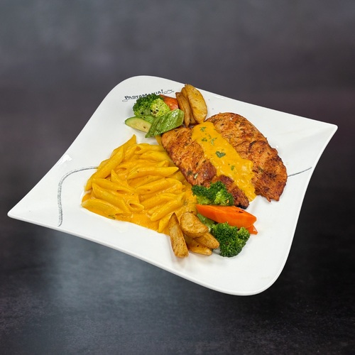 Sicilian Chicken Steak - MARINATED chicken breast in Sicilian sauce served with Creamy Arancia pasta and sautéed vegetables