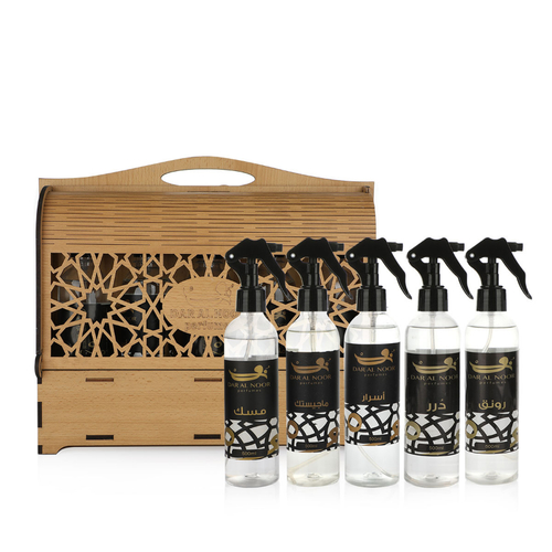 Rshoush Mosaique Wood Box - 5 pcs - Set Contains:
1. Musk Rshoush - 500ml
2. Majestic Rshoush - 500ml
3. Asrar Rshoush - 500ml
4. Dorar Rshoush - 500ml
5. Rawnaq Rshoush - 500ml