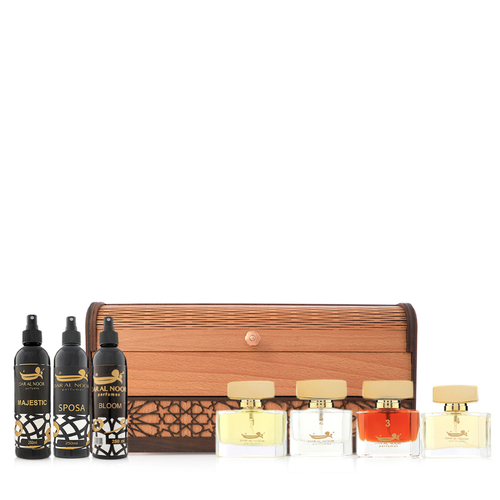 Special Perfume Gift Box - 7pcs - Set includes:
1. No 1 Eau de Parfum - 50ml
Fragrance Notes: Musk, Tobacco

2. No 2 Eau de Parfum - 30ml
Fragrance Notes: Incense

3. No 3 Eau de Parfum - 30ml
Fragrance Notes: Oud

4. No 4 Eau de Parfum - 50ml
Fragrance Notes: Jasmine, Sweet

5. Majestic Roshoosh - 250ml
Main Notes: Sandal

6. Bloom Roshoosh - 250ml
Main Notes: Fruits, Basil

7. Sposa Roshoosh - 250ml
Main Notes: Rose.