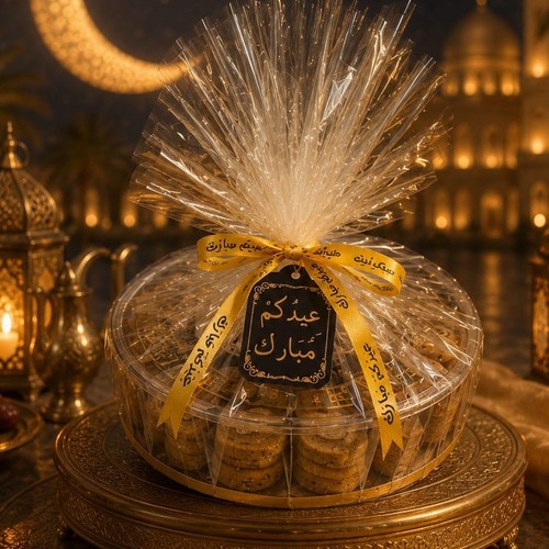 طبق العيد الاكريليك الدائري  (يحتوي كيلو من كعك اساور التمر)