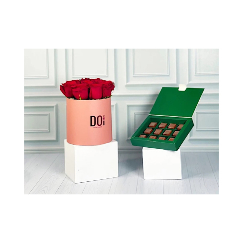 Little Pinko - Pink box contains red roses with a box of chocolates.  Height: 25cm  Width: 15cm