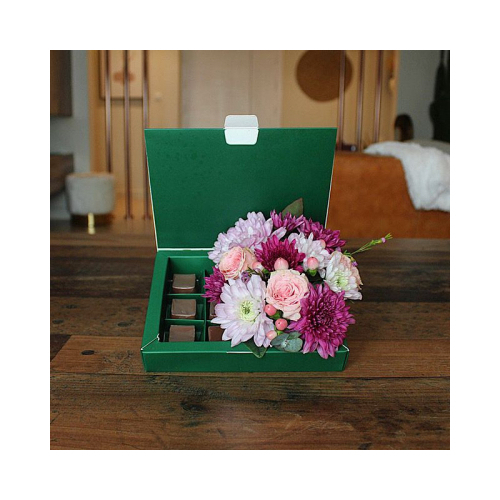 Tamba - This green box contains purple chrysanthemum, pink baby roses with chocolates. Height: 10cm Width: 15cm