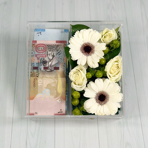 Money Box - Acrylic box contains flowers and money. Height: 18cm Width: 18cm