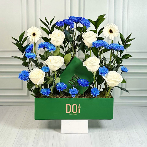 Baby boy - Green box contains white roses, blue chrysanthemum, white gerabera, green leaves with box of chocolate. Height: 50cmWidth: 37cm