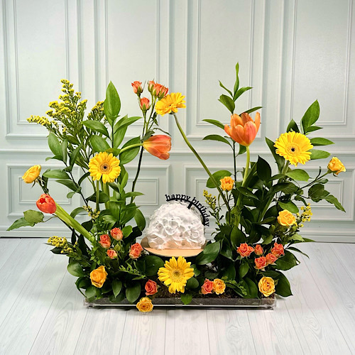 Orange - Acrylic tray contains Yellow Gerbera, Orange Tulip, Yellow and Orange baby roses, Yellow Solidago and green leaves with happy birthday cake.Height: 50cmWidth: 40cm