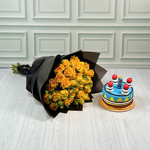 Art Cake - Hand bouquet contains Yellow baby roses with candle cake.Height: 45cmWidth: 30cm