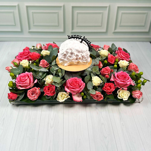 Sweet - Acrylic tray contains Pink roses, Pink and White baby roses, Green hypericum and green leaves with happy birthday cake.Height: 30Width: 50