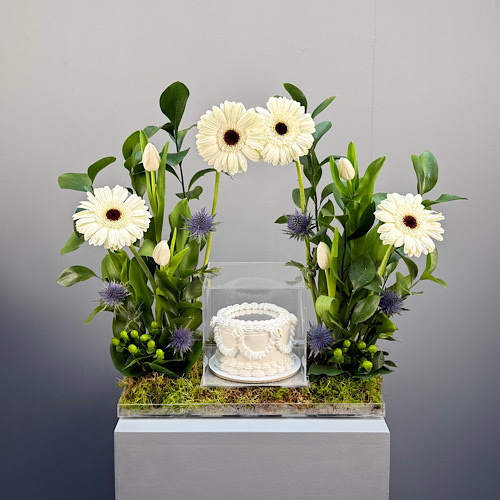 Doi Kwt  - Mirror - Acrylic tray contains White Gerbera, White Tulip, Blue Eryngium, Green Hypericum and green leaves with mirror cake.Height: 50cmWidth: 40cm