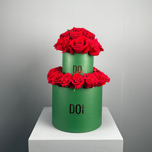 Terrazzo - Two green boxes that contain 40 red roses.
Height: 50cmWidth: 45cm