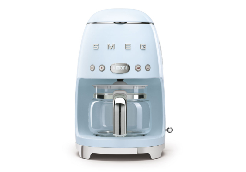 Filter Coffee Machine - Pastel Blue 50's Style Aesthetic Filter the coffee machine by dispensing up to 12 cups in a glass carafe. Display and ability to set Aroma Intensity and Autostart function. Aroma function:  it is possible to taste a more or less intense filter coffee according to your preferences. Programming automatic switch-on at a predefined time, to enjoy filter coffee at the desired time. Filter coffee machine: brews up to 12 cups Product Height: 321 Net Weight (kg): 3.400 kg Gross weight (Kg): 5.600 kg
 Packaged Width: 325 mm Packaged Depth: 291 mm Height (mm) Packaged: 437 mm Voltage: 220-240V / Power: 1050W